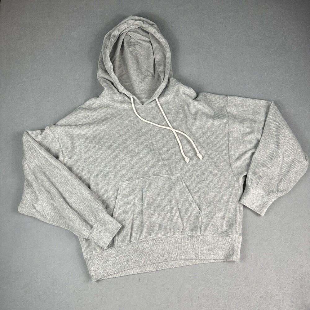 American Eagle Hoodie Womens Small Gray Pullover Top Ribbed Knit Sweatshirt Soft